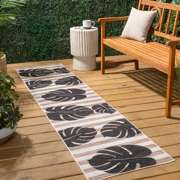 Allison Classic Beach Stripe And Monstera Leaf Indoor/Outdoor Area Rug